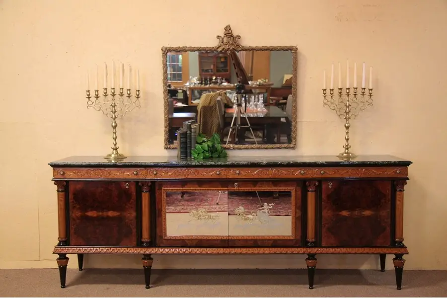 Photo of Carved 6 1/2' Marble Top Credenza Sideboard