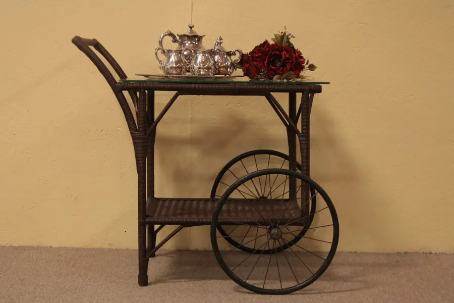 Photo of Wicker Antique Tea or Dessert Cart, Wire Wheels