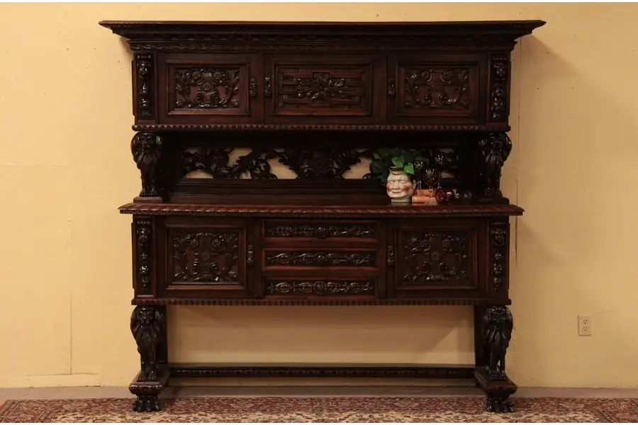 Photo of Hand Carved Sideboard or Backbar, Carved Lions