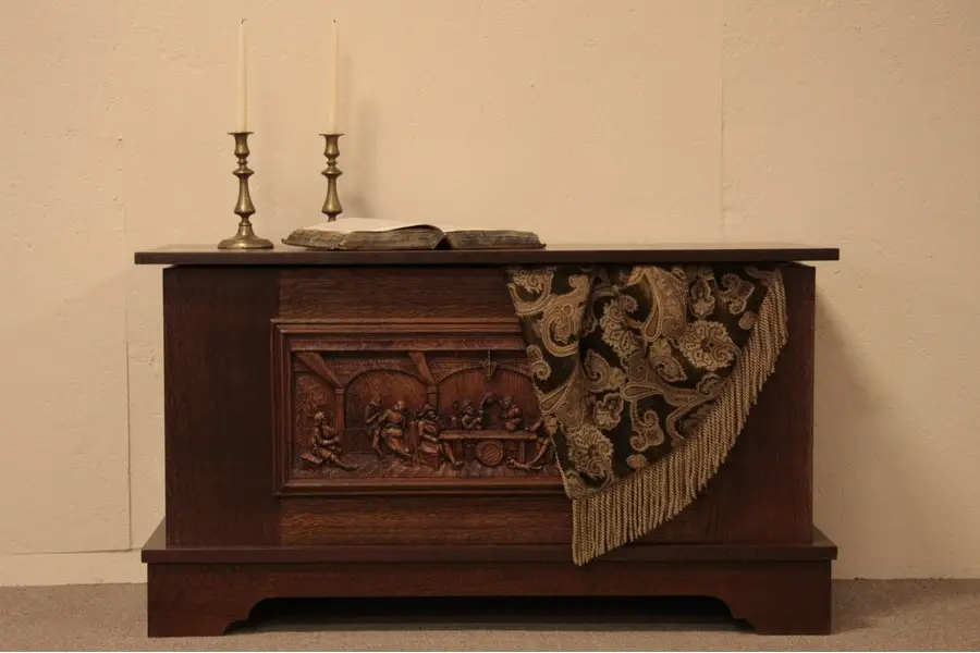 Photo of Oak Blanket Chest or Trunk, Tavern Scene
