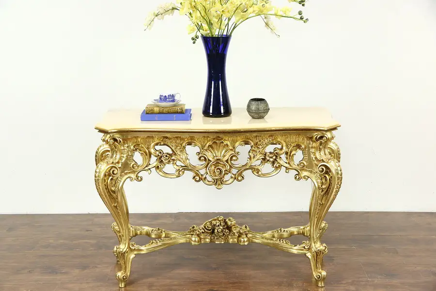 Photo of Italian Carved Hall Console Table, Marble Top, Burnished Gold Finish