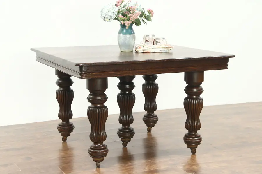 Photo of Victorian Antique Square Quarter Sawn Oak Dining Table, 6 Leaves, Extends 10'