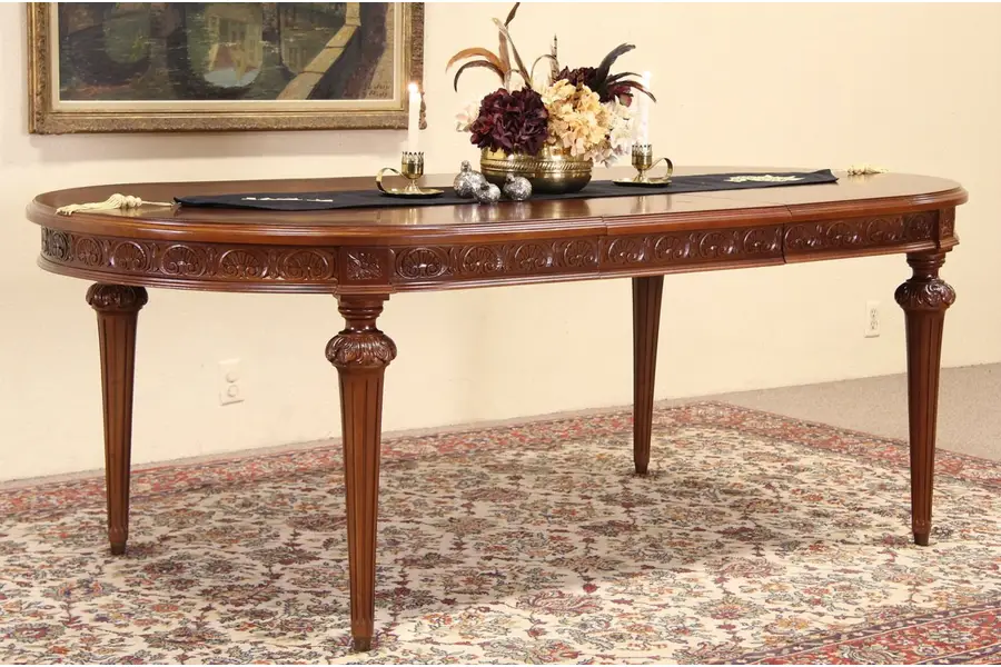 Photo of French Carved 1920's Burl Dining Table & Leaf