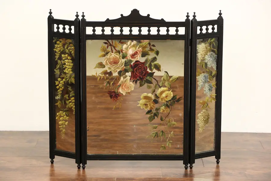 Photo of Fireplace Screen Cherry Trifold Mirror, 1880's Victorian Eastlake Hand Painted