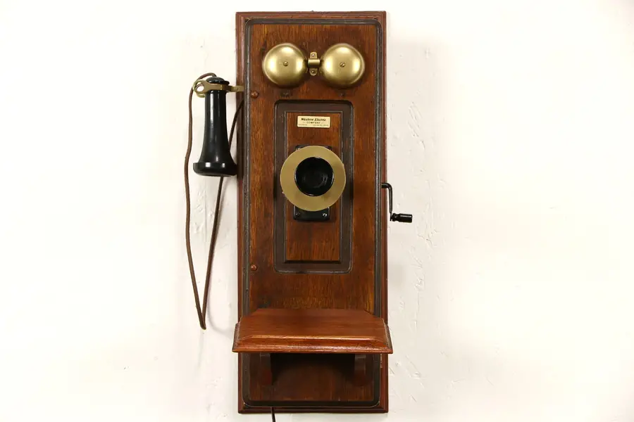 Photo of Oak Western Electric Signed Antique Wall Phone & Dial, Crank Generator, Pat 1910