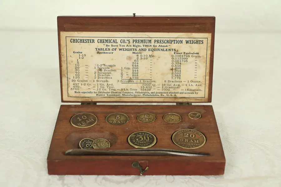 Photo of Set of 10 Brass Antique Prescription Scale Weights, Case, Troemner