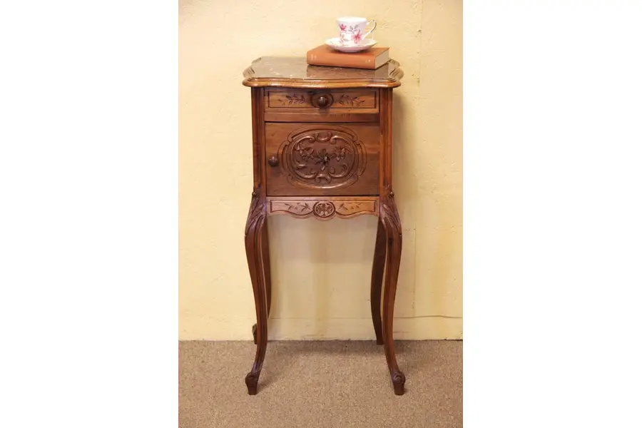 Photo of Marble Top French Walnut Side Table or Pedestal