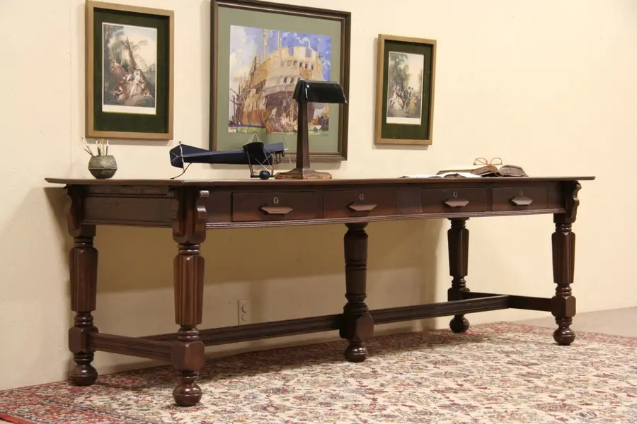 Photo of Victorian 1885 Antique 8' Oak Library Table Writing Desk