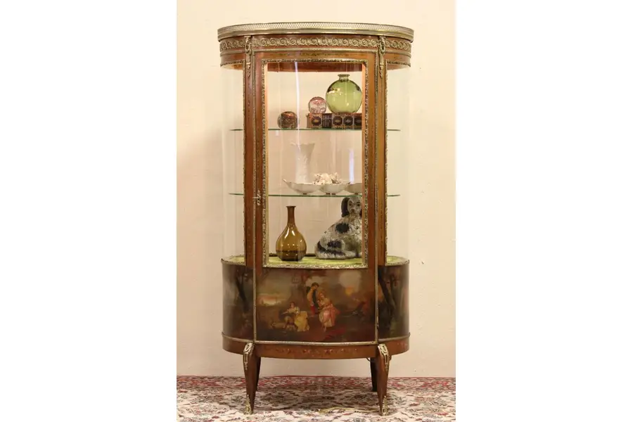 Photo of Vernis Martin 1890 Oval Curved Glass Vitrine or Curio Cabinet