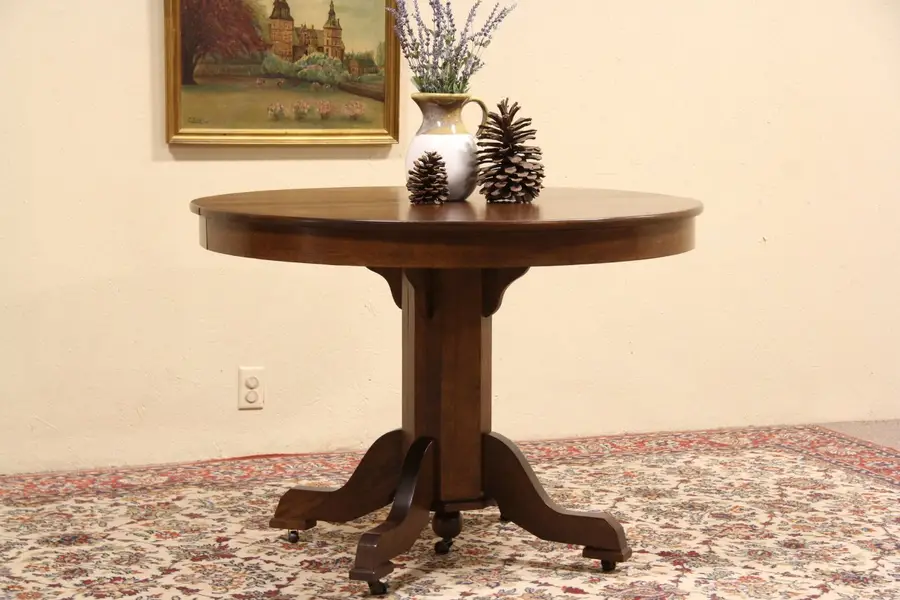 Photo of Round Oak 1900 Antique Pedestal Table, 3 Leaves