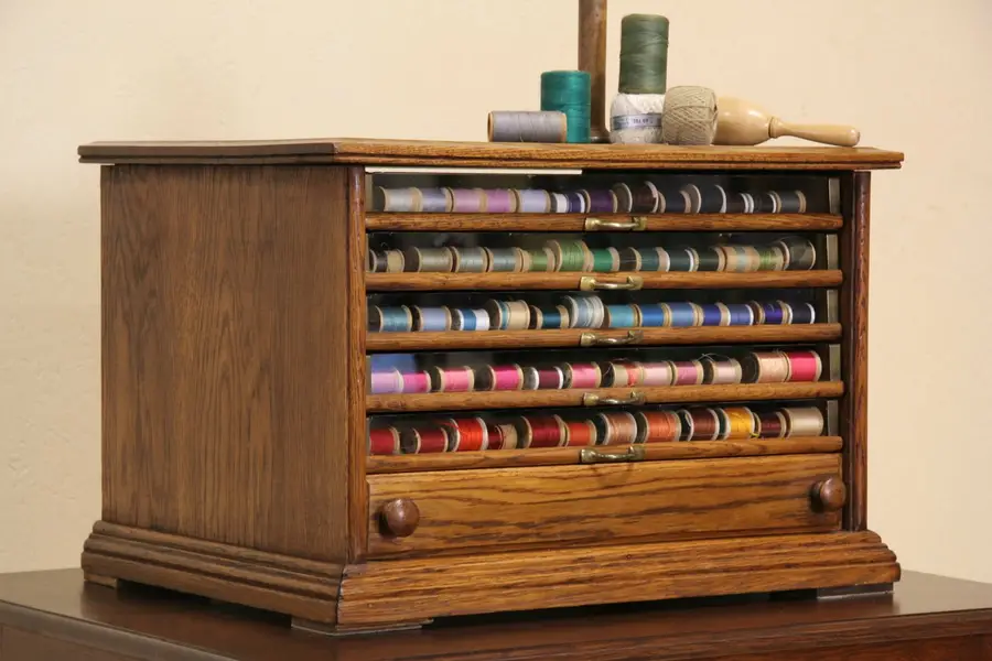 Photo of Spool or Collector Cabinet, Oak 6 Drawers 1900 Antique