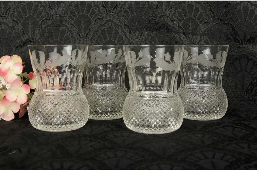 Photo of Edinburgh Thistle Set of 4 Cut Scottish Crystal 4" Whiskey Tumblers