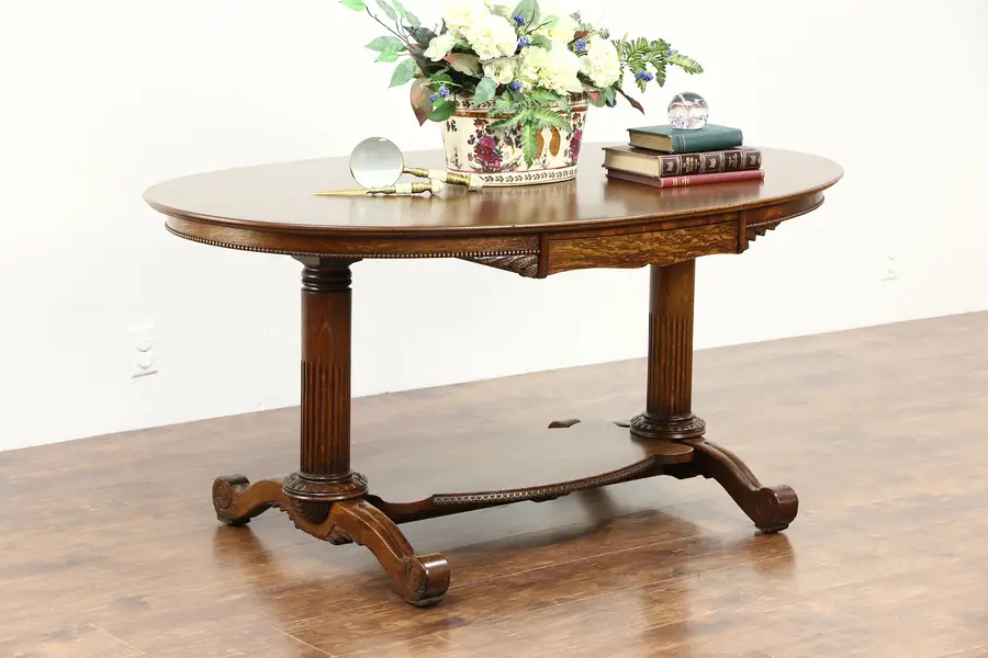 Photo of Classical 1900 Antique Oval Oak Partner Library Desk or Hall Table