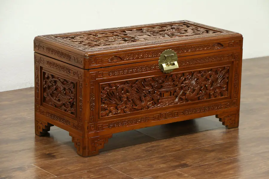Photo of Chinese Carved Antique Camphor Wood Trunk or Coffee Table