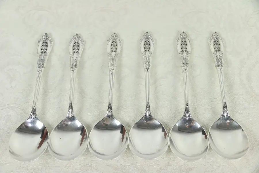 Photo of Set of 6 Sterling Silver 6" Cream Soup Spoons, Rose Point by Wallace