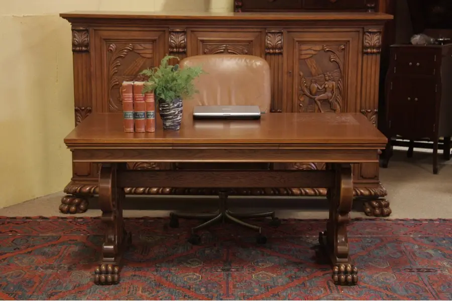Photo of Carved Oak Library, Writing, Dining Table, Paw Feet