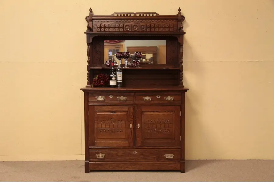 Photo of Victorian Eastlake Carved Oak Sideboard Buffet
