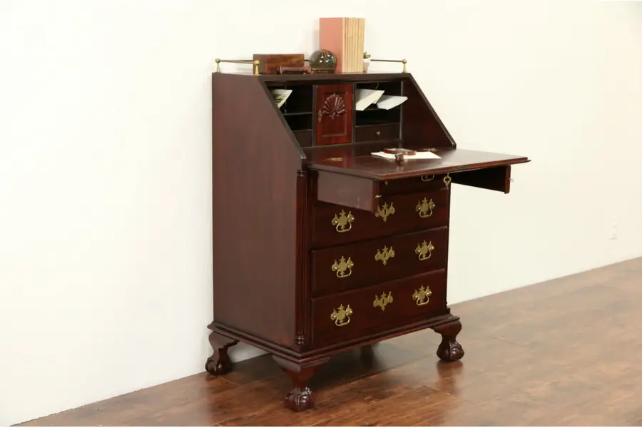 Photo of Traditional Mahogany Vintage Secretary Desk, Carved Shells & Ball & Claw Feet