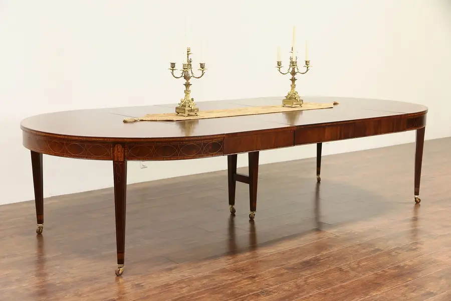 Photo of Hepplewhite Mahogany 5' Round Banded 1940's Vintage Dining Table, Extends 10' 6"