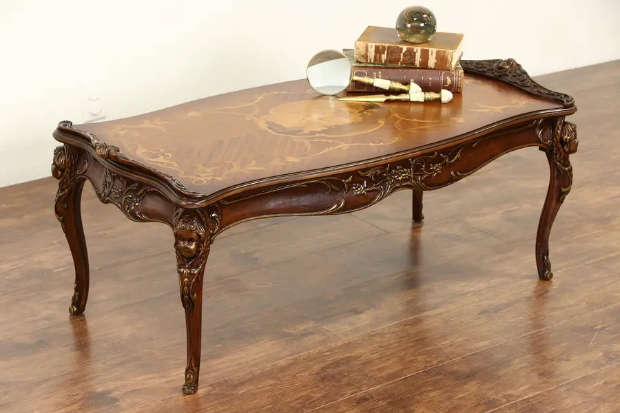Photo of Coffee Table, 1940's Vintage, Carved Angels or Cherubs, Classical Marquetry