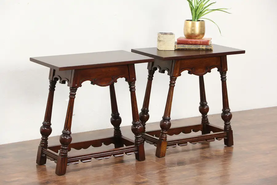 Photo of Pair of Carved Oak 1930 Vintage English Style End or Lamp Tables