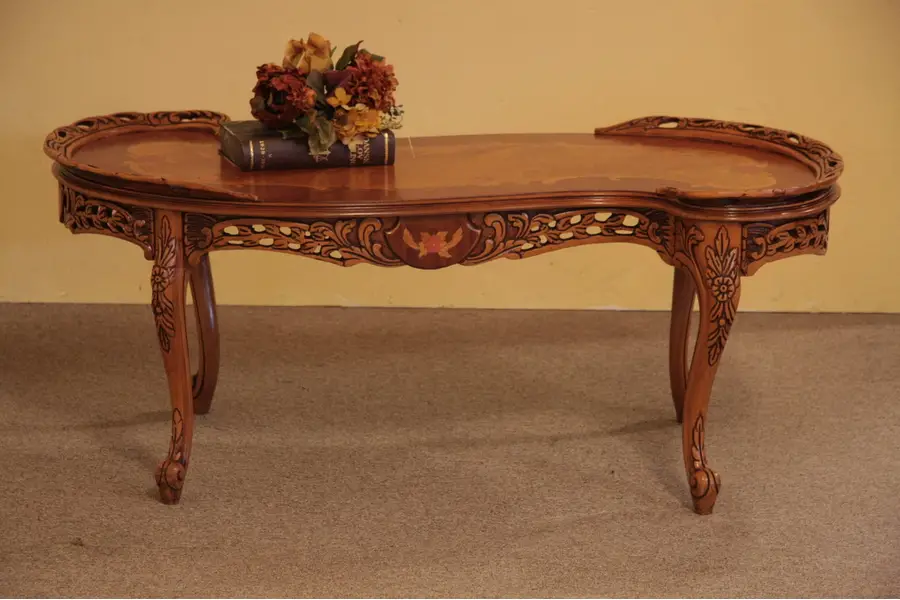 Photo of Curved French Style Carved Marquetry Coffee Table