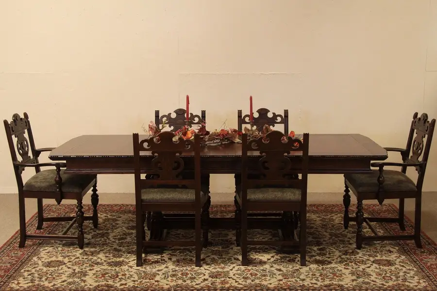 Photo of Carved Oak 8' Antique Dining Table, Berkey & Gay