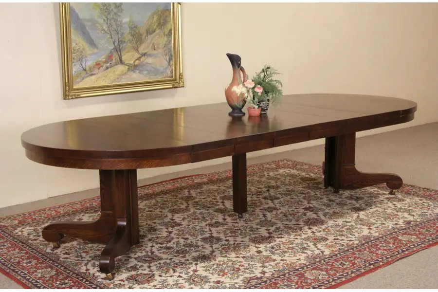 Photo of Oak 4' Round 1900 Antique Pedestal Dining Table, 6 Leaves, Extends 10'