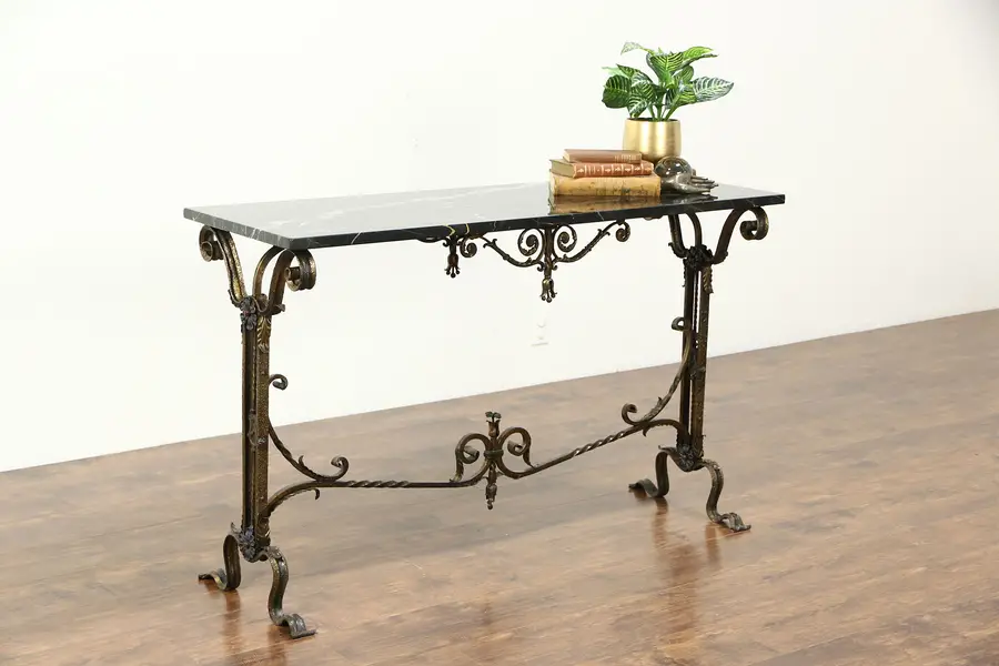 Photo of Wrought Iron & Black Marble 1915 Antique Console, Hall or Sofa Table