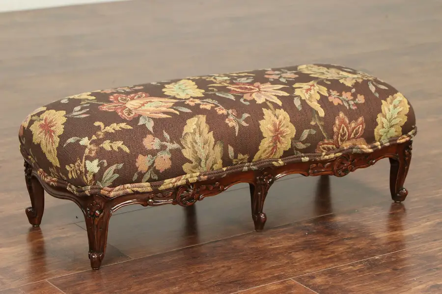 Photo of Hand Carved Antique Footstool, New Upholstery, Signed Colby