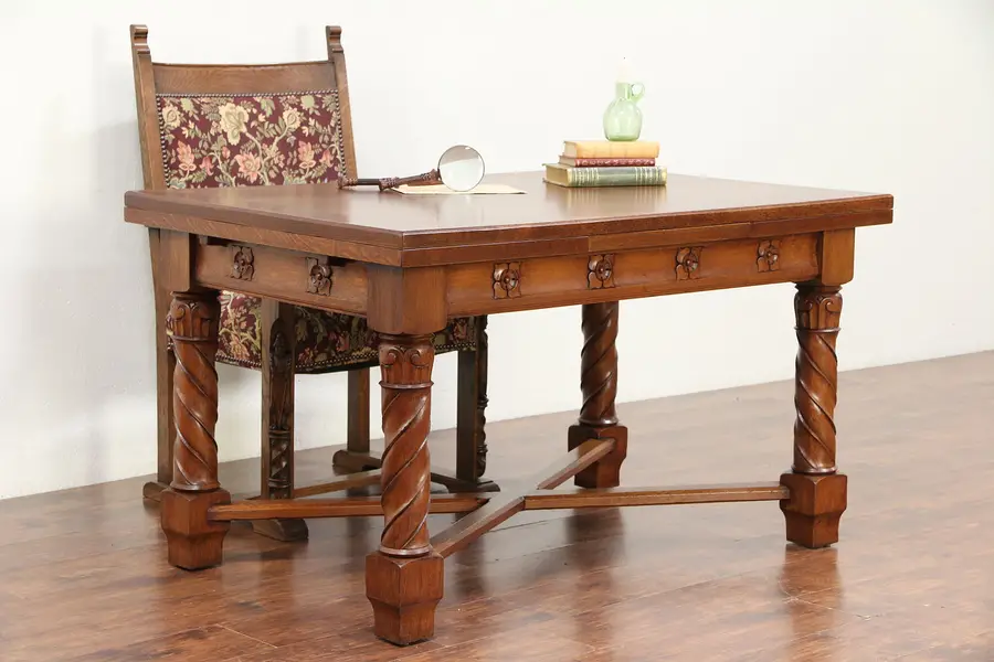 Photo of Dutch Oak Carved Antique Desk, Library or Dining Table, Pull Out Leaves