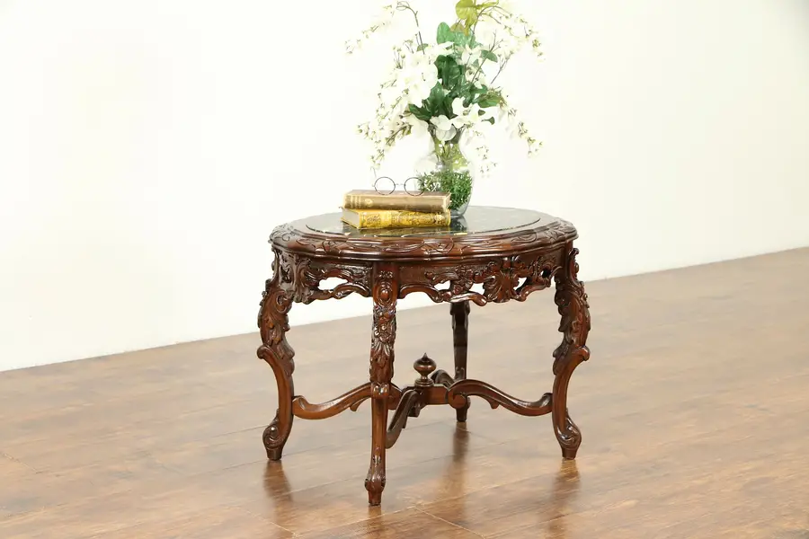 Photo of Carved Walnut Antique Oval Coffee Table, Black Portoro Nero Marble