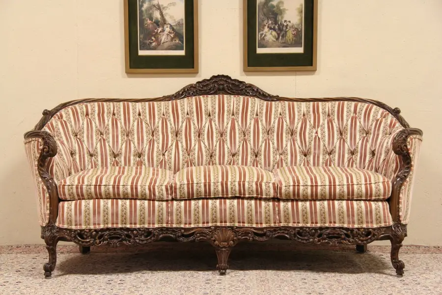 Photo of Shell Carved 1930's Tufted Vintage Sofa