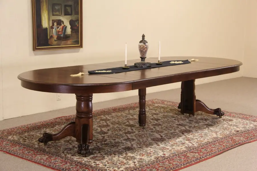 Photo of Round Oak Antique Dining Table, Lion Paw Pedestal, Extends over 10'