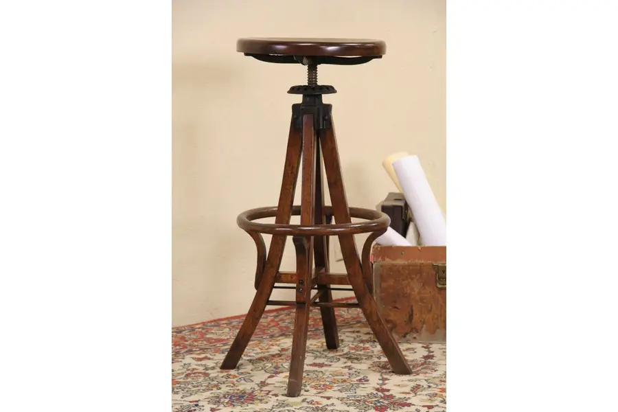 Photo of Swivel Antique 1900 Oak Draftsman or Architect Stool, Johnson Chicago