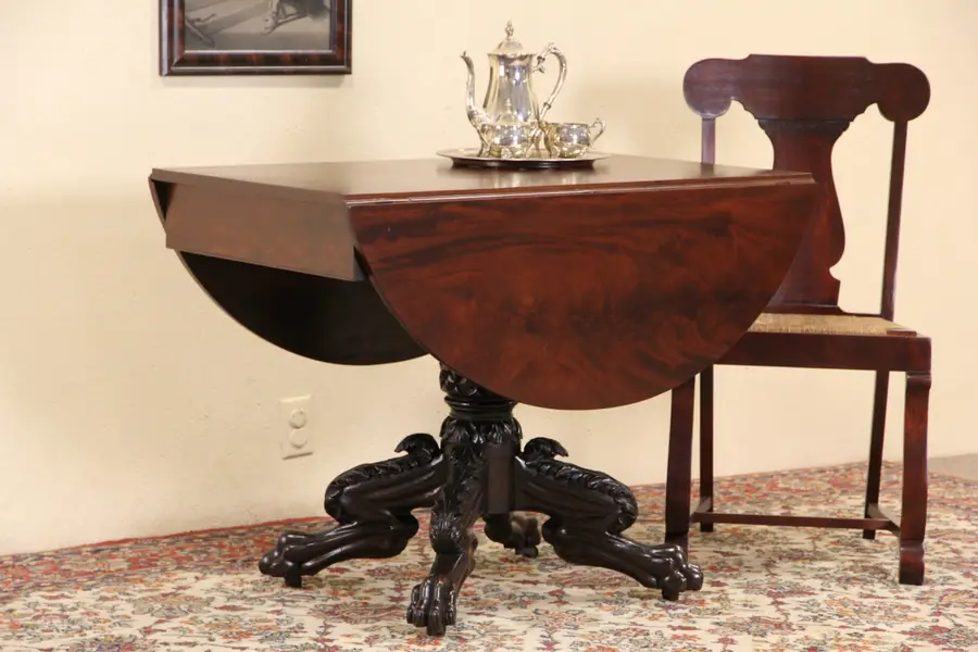 Photo of Empire 1830's Antique Lion Paw Foot Drop Leaf Console, Breakfast or Tea Table