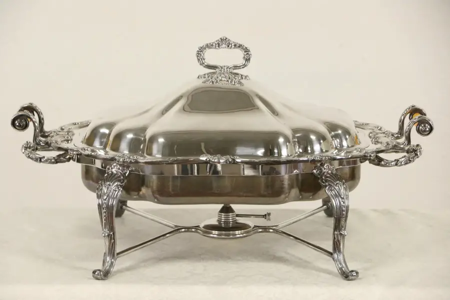 Photo of English 1920's Antique Silverplate Chafing Serving Dish w/ Burner
