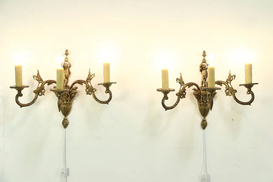 Photo of Pair Vintage Brass Triple Wall Sconce Lights, Figures, Faces & Birds, Spain