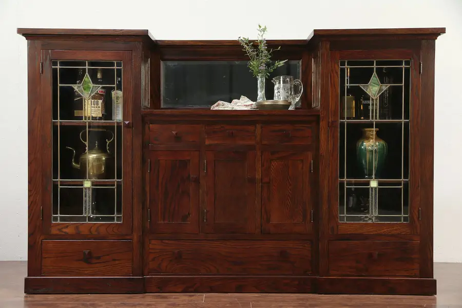 Photo of Arts & Crafts Mission Oak Antique Backbar Sideboard Cabinet Stained Glass