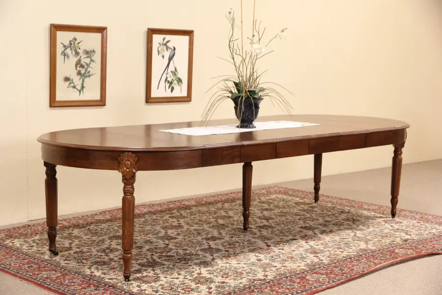 Photo of Victorian 1880 Antique Round Oak Dining Table, 6 Leaves Extends 10'