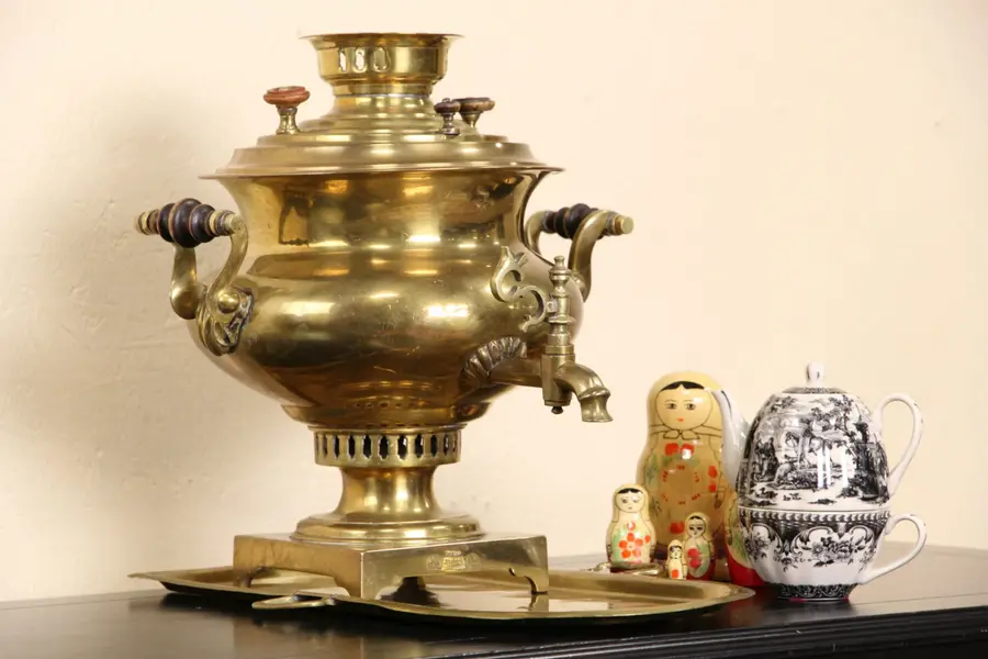 Photo of Russian 1870 Brass Antique Signed Samovar Tea Kettle & Tray