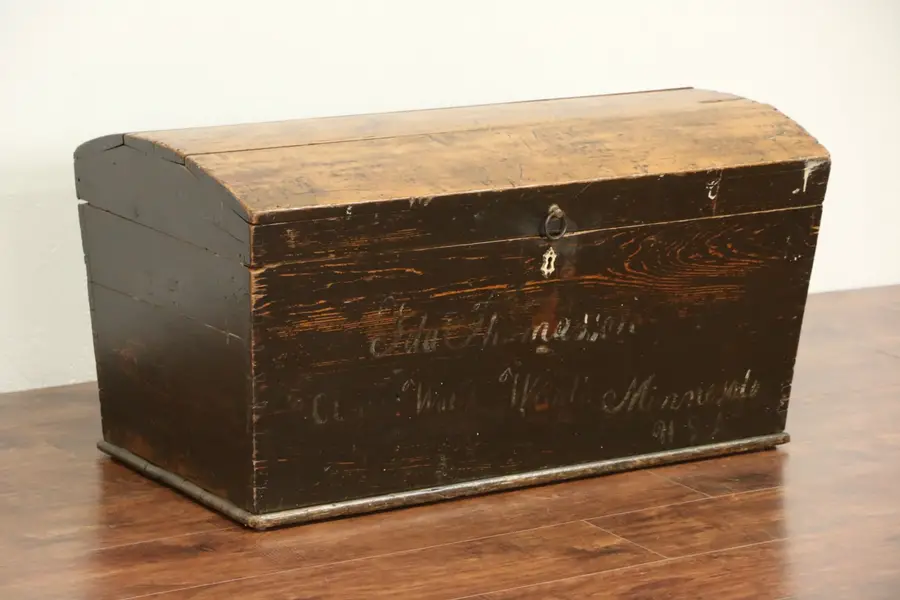 Photo of Norwegian Immigrant 1860's Antique Pine Trunk or Blanket Chest, Signed Minnesota