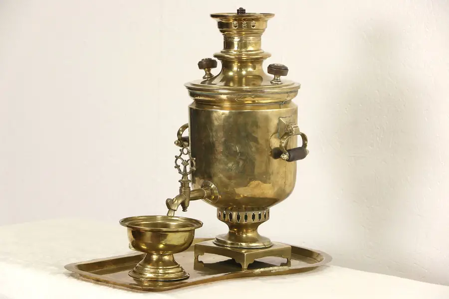 Photo of Russian 1904 Signed Antique Brass Samovar Tea Kettle Set