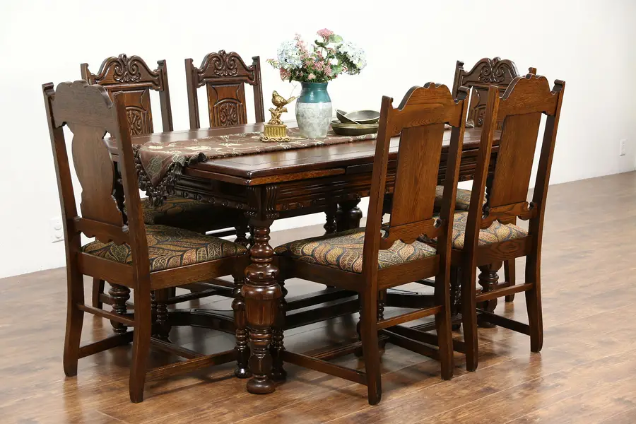 Photo of Tudor 1925 Antique Carved Oak Dining Set, Table, 6 Chairs, New Upholstery