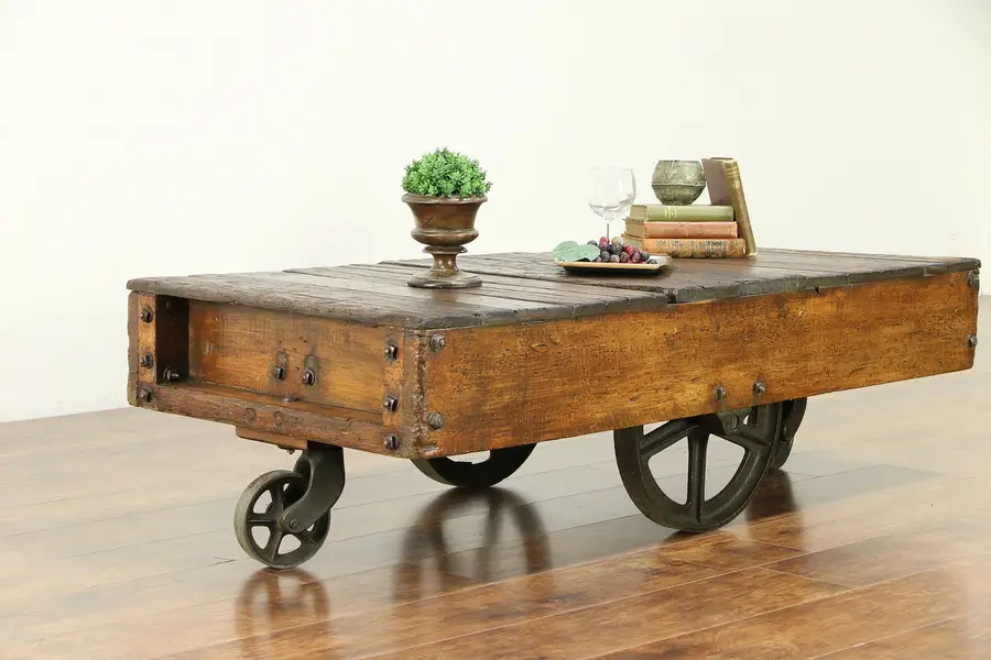 Photo of Industrial Salvage Antique Cart or Trolley, Iron Wheels, Coffee Table