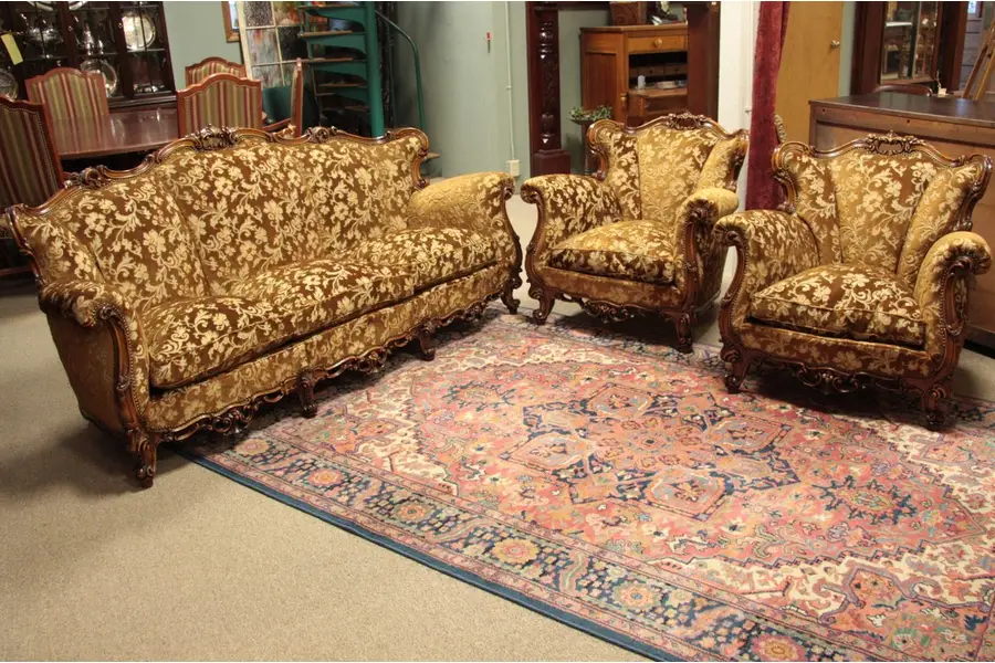 Photo of Carved Vintage Sofa Set, 2 Armchairs, Down Cushions