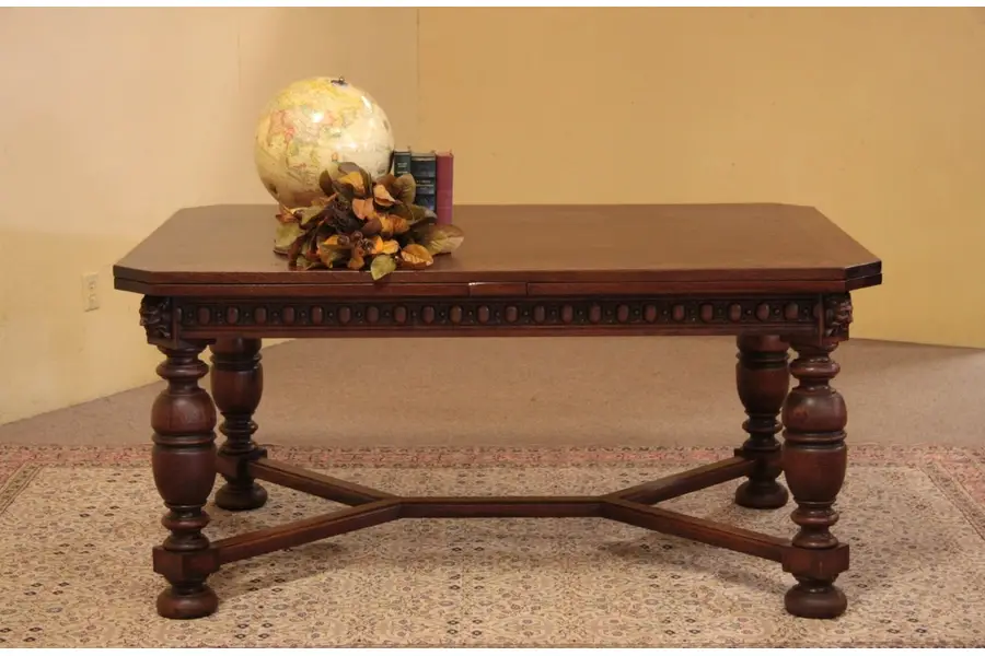 Photo of Library or Dining Table, Writing Desk, Carved Heads