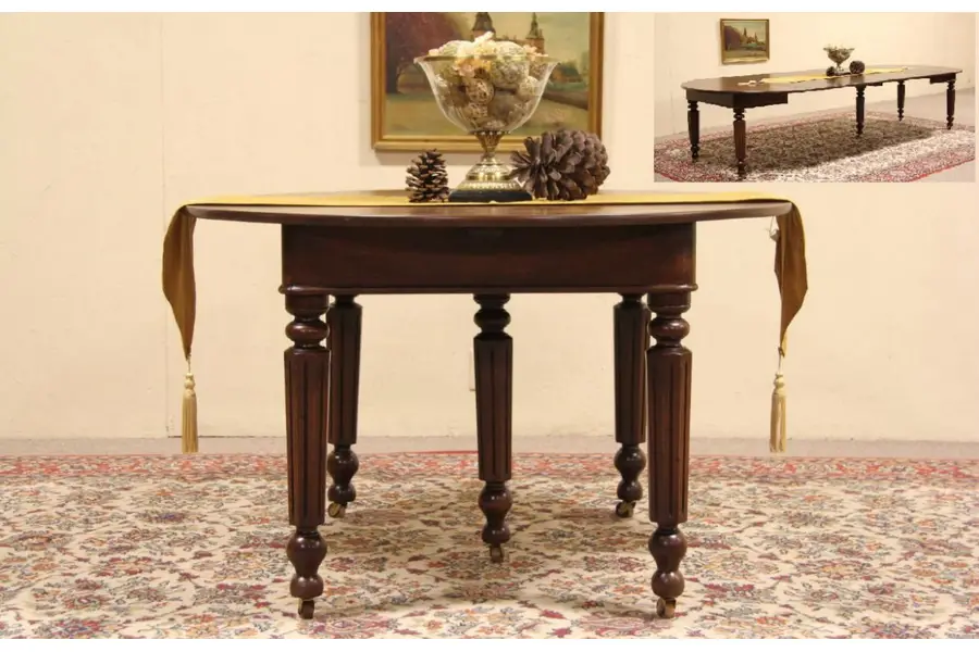 Photo of Victorian Round 1885 Antique Walnut Dining Table, 5 Leaves, Extends Nearly 10'