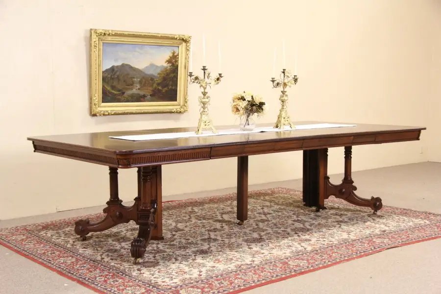 Photo of Victorian 1890 Antique Square Oak Pedestal Table, Extends 10'