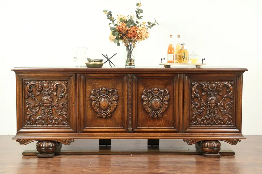 Photo of Oak Carved Vintage Sideboard or Credenza, Wide TV Console, Scandinavia